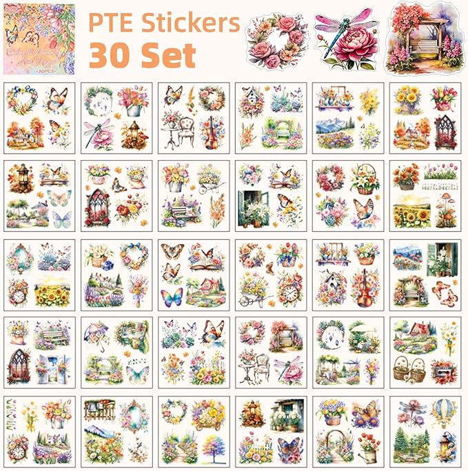 Multi-Tone Garden Theme Scrapbooking Supplies for Junk Journal - 30 Sheets PET Stickers - Vintage Journaling Ephemera Sticker Book Pre Cut(TZ-005-004)