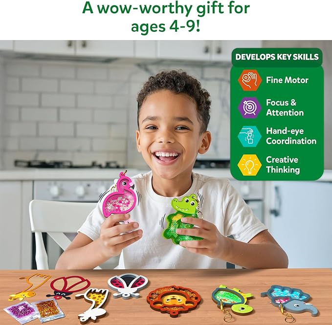 Skillmatics Art & Craft Activity - Shake-its Animals, DIY Glitter Craft Kit with Keychains, Fun & Creative Travel Toys, Party Favors & Birthday Gifts for Girls & Boys Ages 4, 5, 6, 7, 8, 9
