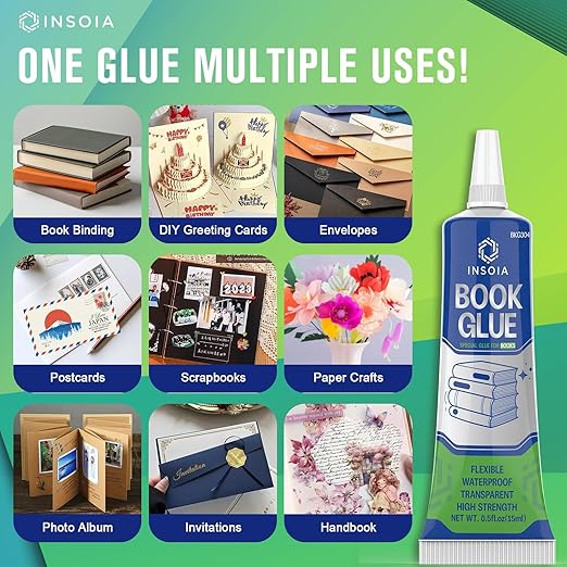 Book Glue, 15ML x 2 Book Adhesive, Clear Book Binding Adhesive, Flexible Paper Glue for Book Repair and Bonding, Envelopes, Postcards, Paper Craft, Greeting Cards, Invitations, Crafts DIY