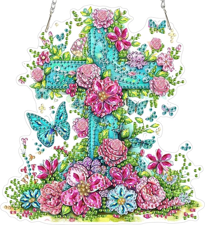MOGTAA Easter Cross Diamond Art Hanging Kits for Adults Beginners, Flowers Diamond Art Suncatchers, 5D Special Shape Butterfly Diamond Painting Window Pendant Kit for Home Garden Wall Decor