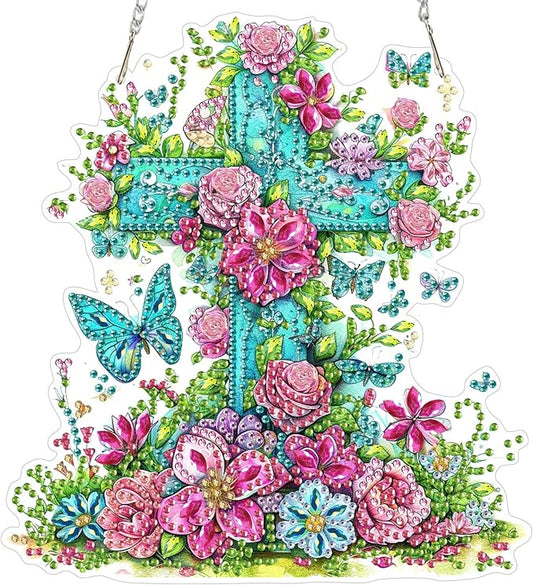 MOGTAA Easter Cross Diamond Art Hanging Kits for Adults Beginners, Flowers Diamond Art Suncatchers, 5D Special Shape Butterfly Diamond Painting Window Pendant Kit for Home Garden Wall Decor