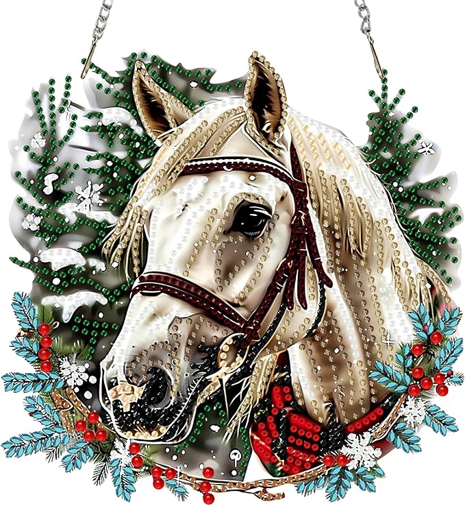 SENQAO Christmas Diamond Art Hanging Kits for Adults, Horse Diamond Art Suncatchers, 5D Special Shape Diamond Painting Pendant Window Ornament Gifts for Home Door Wall Decor