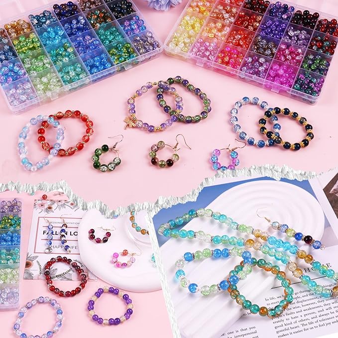 1800PCS 8mm Crackle Glass Beads Bracelet Making Kit, 48 Colors Glass Beads for Jewelry Making, Round Crystal Beads for Bracelets, Friendship Bracelet kit for DIY Crafts Gifts, 2 Box (Crackle Colors)