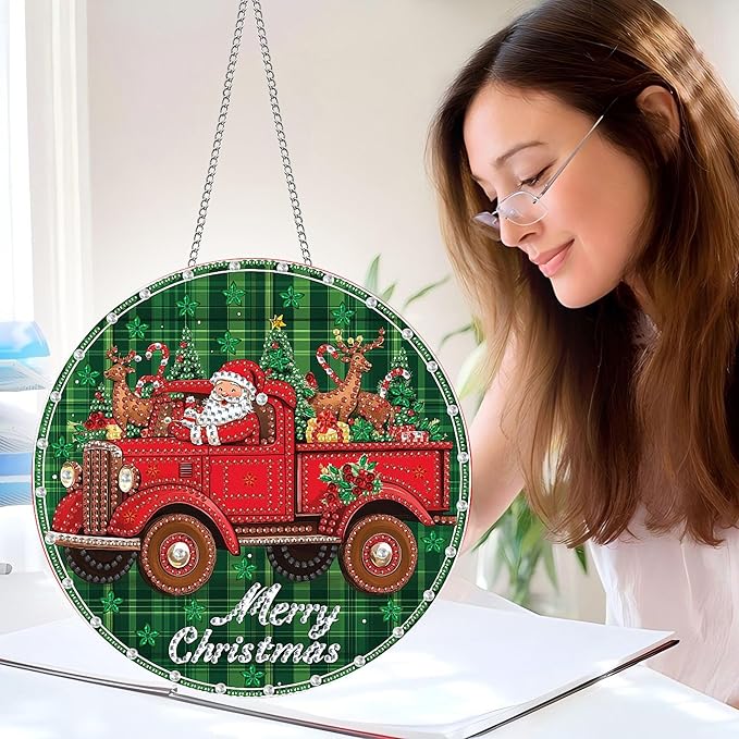 Pavemlo Hanging Diamond Art Kits for Adults Christmas Santa Claus – 8x8Inch Double-Sided Acrylic Board DIY Crystal Diamond Suncatcher Pendant, Sparkling Home Wall or Window Decoration Handmade Gift