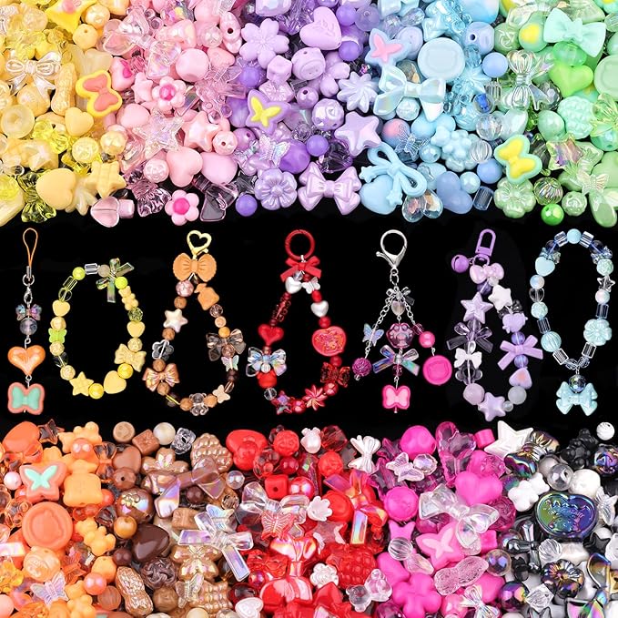 700-750pcs tinkrstuff assorted 10 colors mixed acrylic beads for bracelet making, cute beads for jewelry making flower bow butterfly gummybear bracelet charms,diy necklace keychain phone charm