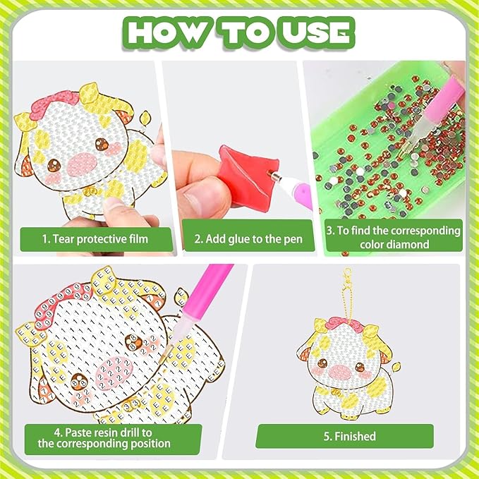 Masendp 8 Piece 5D DIY Cow Diamond Painting Keychain Set Fruit Cow Diamond Pendant Hanging Animal Art Decorations for Adult Beginner Pack Birthday Family Party Decoration
