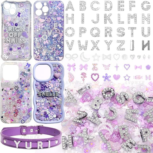 330 Pcs Purple Junk Phone Case Charms 26 Pcs A-Z Rhinestone Alphabet Letter Charms, Mix Flower Bow Heart Pearls Flatback Resin Charms Letter Junk Cases Kit for DIY Crafts