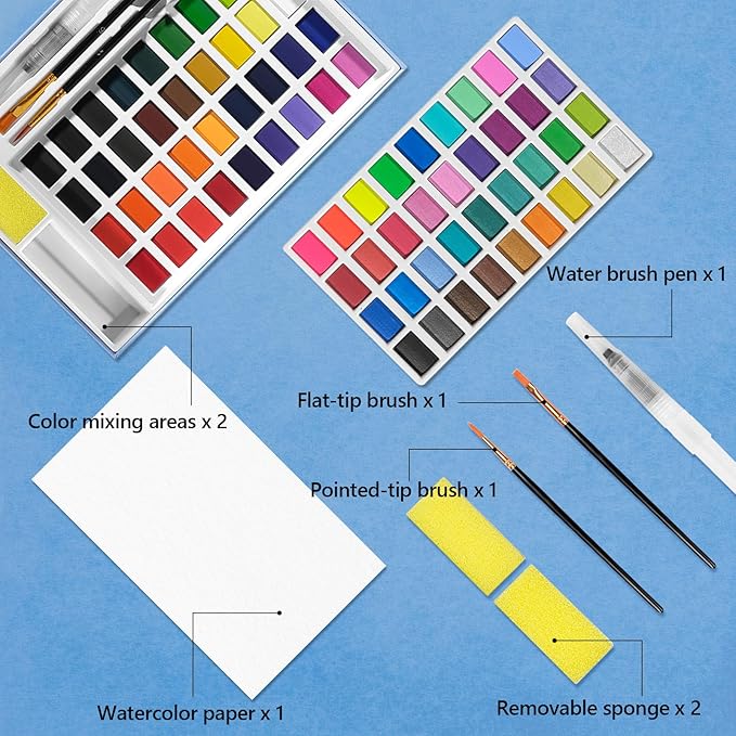 72 Colors Large Block Watercolor Paint Set for Watercolors Workbook, Portable Water Colors Paint Kit with 2 Paintbrushes 1 Waterbrush for Painting Beginners & Professional Amateur (72 Colors)