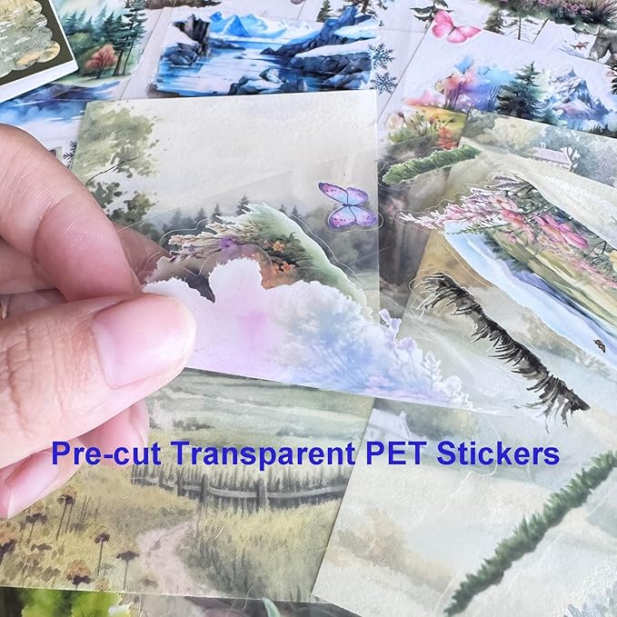 64 Sheets Vintage Floral Scrapbooking Kit, Precut Floral Natural Garden Flowers Butterfly Transparent PET and Washi Stickers with Scrap book Paper for Scrapbook Supplies Junk Journals Craft (Mountain)