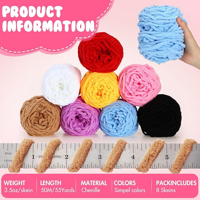 Buryeah 8 Pack Chunky Chenille Yarn for Crocheting Soft Thick Fluffy Yarn for Hand Knitting Bulky Velvet Blanket Plush for Weaving DIY Crafts Each 3.5 oz 55 Yards (Simple Colors)