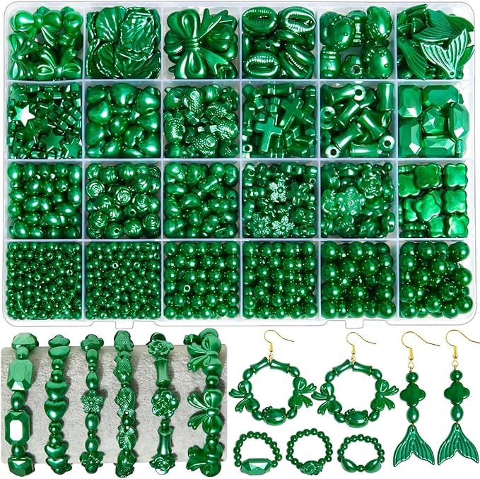 1170 Pcs ABS Imitation Pearl Beads for Jewelry Making, Assorted Heart Star Bowknot Circle Flower Aesthetic Cute Bead for Bracelet Necklaces Earrings Key Chains DIY Phone Charm Crafts (Green)