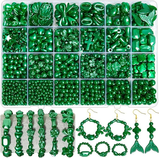 1170 Pcs ABS Imitation Pearl Beads for Jewelry Making, Assorted Heart Star Bowknot Circle Flower Aesthetic Cute Bead for Bracelet Necklaces Earrings Key Chains DIY Phone Charm Crafts (Green)