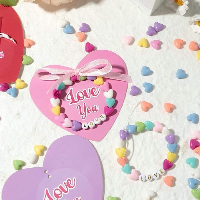 BeYumi DIY Bracelet Craft Kit - 24 Pack Mother's Day LOVE Letter Beads Bracelets with Heart Greeting Cards and Bags Thankful Craft Kit to Mother Grandma School Classroom Party Fun Activities Ages 6-12