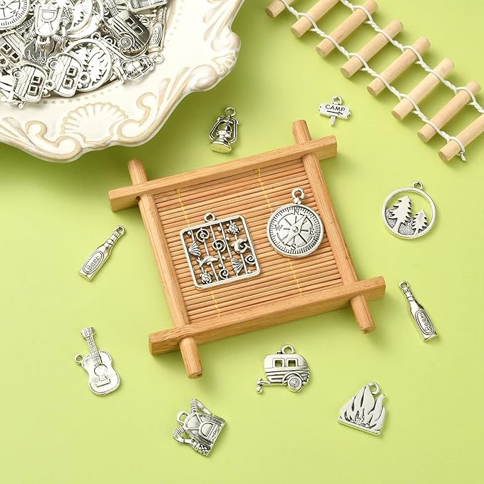 DanLingJewelry 100Pcs 10 Styles Retro Camp Charms Camp Sign Fire Guitar Carriage Oil Lantern Wine Bottle Charms for Jewelry Making DIY