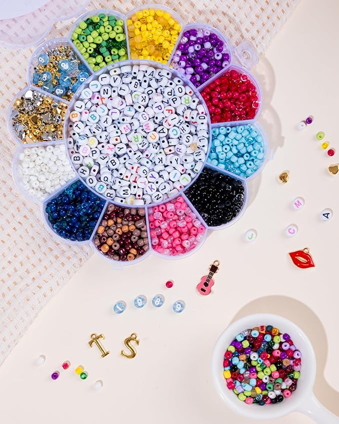 Goldwise Friendship Bracelet Kit for ERAS Tour, 30 Colors(Album Inspired) 4mm Glass Seed Beads for Jewelry Making, Letter Beads (A-Z) with Charms, 13" Tattoo Sticker, DIY Crafts for Gifts Birthday