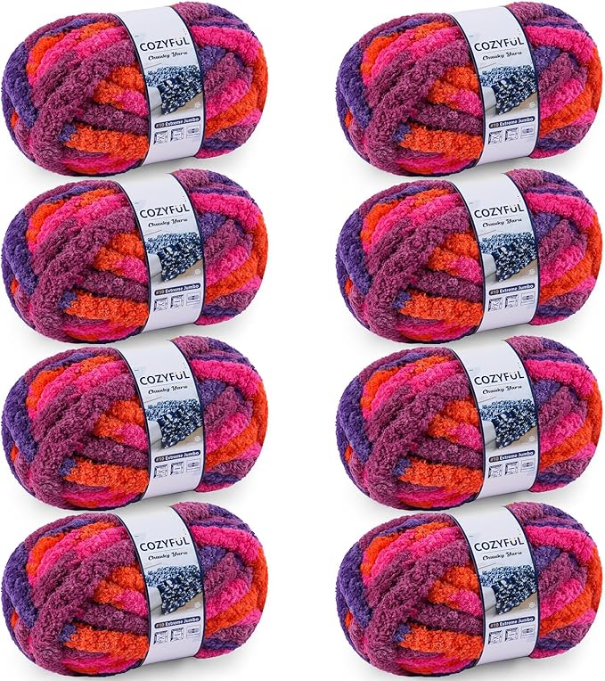 Chunky Yarn for Hand Knitting - #10 Chunky Chenille Blanket Yarn, Jumbo Big Thick Chunky Yarns for Crocheting, Tie Dye Bulky Knit Yarns, 8 Skein (25 yds 8 oz Each Skein), Orange&Rose&Purple