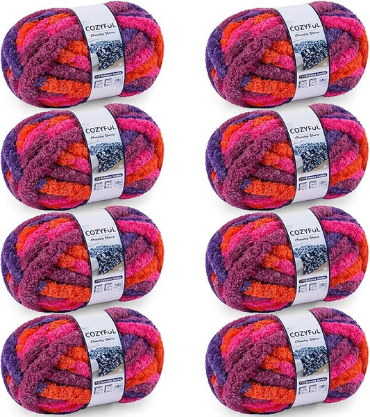 Chunky Yarn for Hand Knitting - #10 Chunky Chenille Blanket Yarn, Jumbo Big Thick Chunky Yarns for Crocheting, Tie Dye Bulky Knit Yarns, 8 Skein (25 yds 8 oz Each Skein), Orange&Rose&Purple