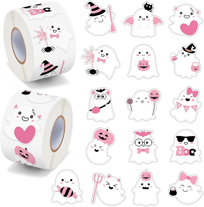 beyumi halloween pink ghost sticker - 1000pcs in 2 rolls halloween pink cute style ghost rolled stickers kawaii boo funny patterns waterproof vinyl decals for party school envelope gift decor