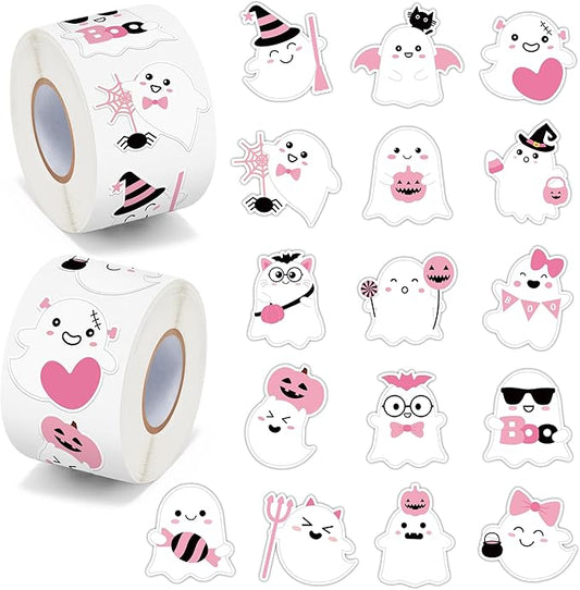 beyumi halloween pink ghost sticker - 1000pcs in 2 rolls halloween pink cute style ghost rolled stickers kawaii boo funny patterns waterproof vinyl decals for party school envelope gift decor