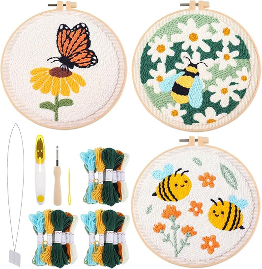 3 Pcs Punch Needle Kits, 7.87 Inch Cute Floral, Bees and Butterfly Punch Needle Kit for Adults Beginner Children Needles Punching kit with Embroidery Hoop, Instruction, Fabric, Sewing Needles, Yarns