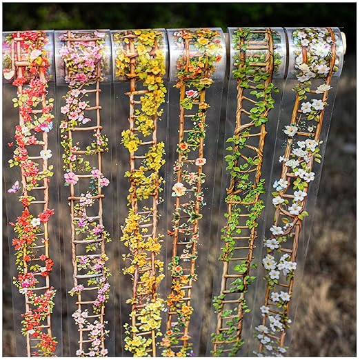 PET Washi Tape Stickers for Junk Journal Supplies,6 Rolls of Nature Floral Staircase Themed Journal Stickers for Scrapbooking,Journaling Supplies,Planer (Sunny)