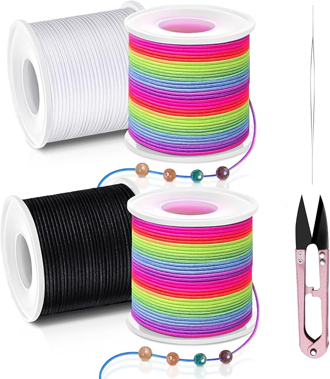 Stretchy String for Bracelets, Necklaces, Bead Stringing, Jewelry Making, Hair Braiding, and Crafts. Diameter: 1mm, Length: 660 Feet, Rainbow、White and Black (4 Pieces)