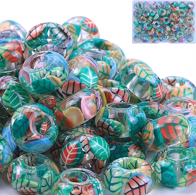 AIPRIDY Girls' Lucky Lover Amber Beads, Big Hole Spacer European Craft Beads for DIY Charms Bracelet Jewelry Making (Green Leaf)