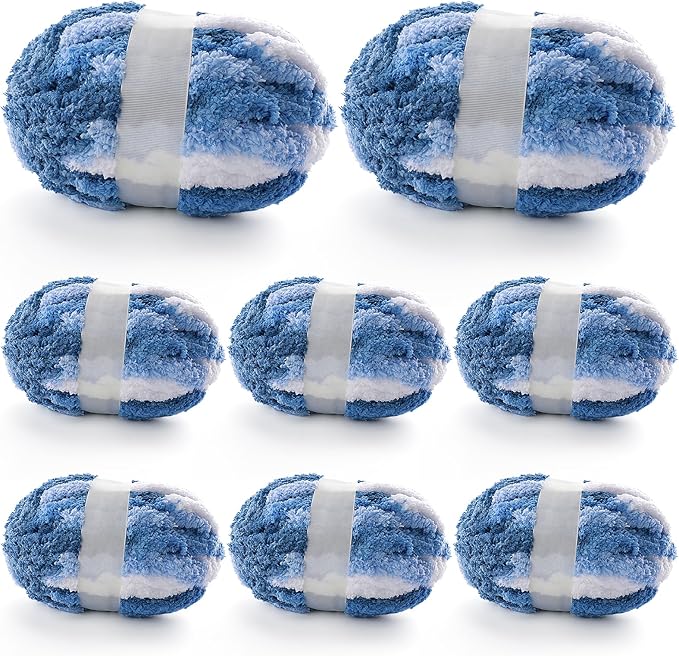 8 Pcs Chunky Yarn for Hand Knitting - Chunky Chenille Yarn for Crocheting - Fluffy Yarn for Crochet - Jumbo Yarn for Hand Knitting 200 yds 61.6 oz of Super Bulky Yarn (Blue-Light Blue-White)