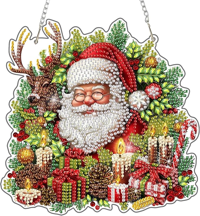 DOMROM Santa and Elk Diamond Art Hanging Kits for Adults Beginners, Christmas Special Shaped Crystal Diamond Painting Santa Pendant, DIY Diamond Art Suncatchers for Home Garden Wall Decor Gift