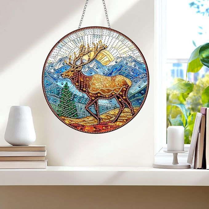 Wergund 5D DIY Elk Diamond Art Hanging Kits, Hanging Diamond Art Animal, Acrylic Special Shaped Rhinestone, Window Hanging Pendants for Home Wall Garden Front Door Outdoor Decor Gift(Elk)