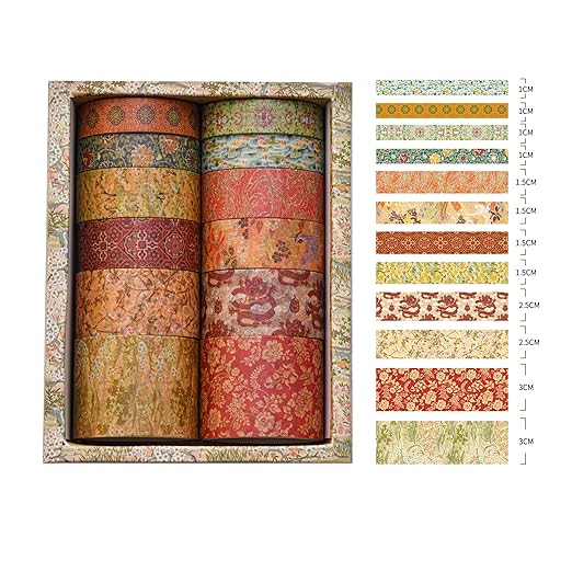 12 Rolls Chinoiserie Washi Tape Set Chinese Arts Adhesive Tapes Geometric Garden Decorative Masking Tape Sets for Craft, Kids, Scrapbook, DIY, Gift Wrapping (Moon Over The Borderlands)