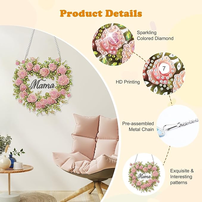 HEIBAGO Mother's Day Diamond Art Hanging Kits for Adults, Diamond Art Suncatchers Mama, 5D Special Shape Diamond Painting Pendant, DIY Window Ornament Gifts for Home Garden Door Wall Decor 8.3x8.3 in