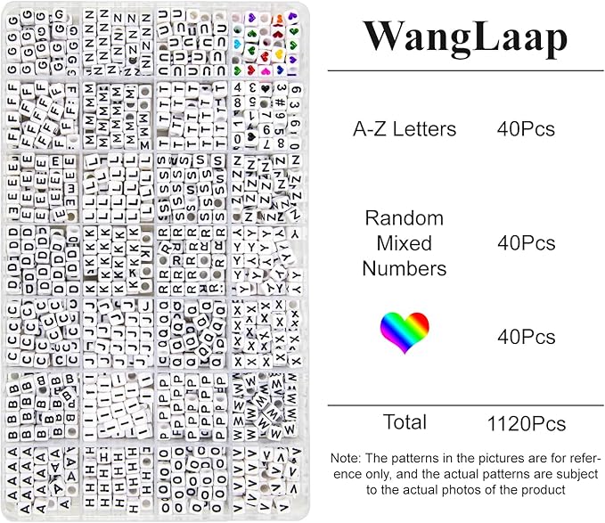1120Pcs Square Acrylic 6x6mm Alphabet A-Z Letters Beads with Numbers Colorful Hearts Cube Beads for Phone Lanyard Friendship Bracelets Necklaces (White-1120-Organized)