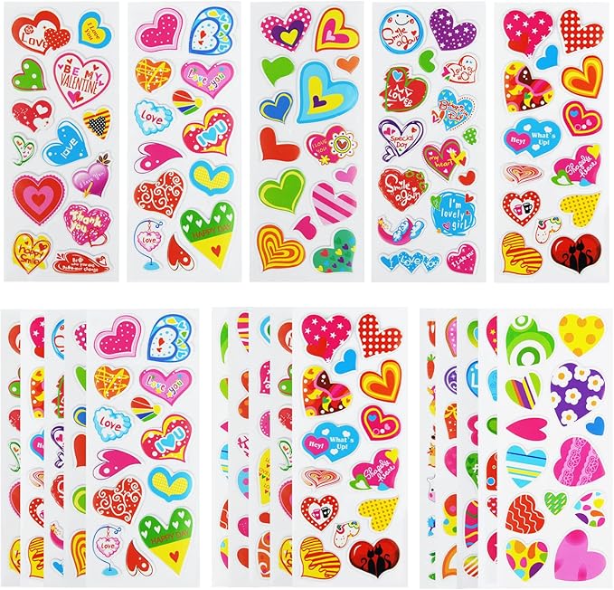 24 sheets(350+) heart 3d puffy stickers for toddlers kids, bulk preschool sticker sheets for reward, craft, scrapbooking