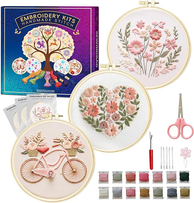 Huacan Embroidery Kit for Adults Beginner - Embroidery Kits for Adults Beginner 3 Pcs Stamped Heart Pattern, Hand Stitching Kit Art Craft, DIY Sewing Kit with Box 7.9 x 7.9 Inch
