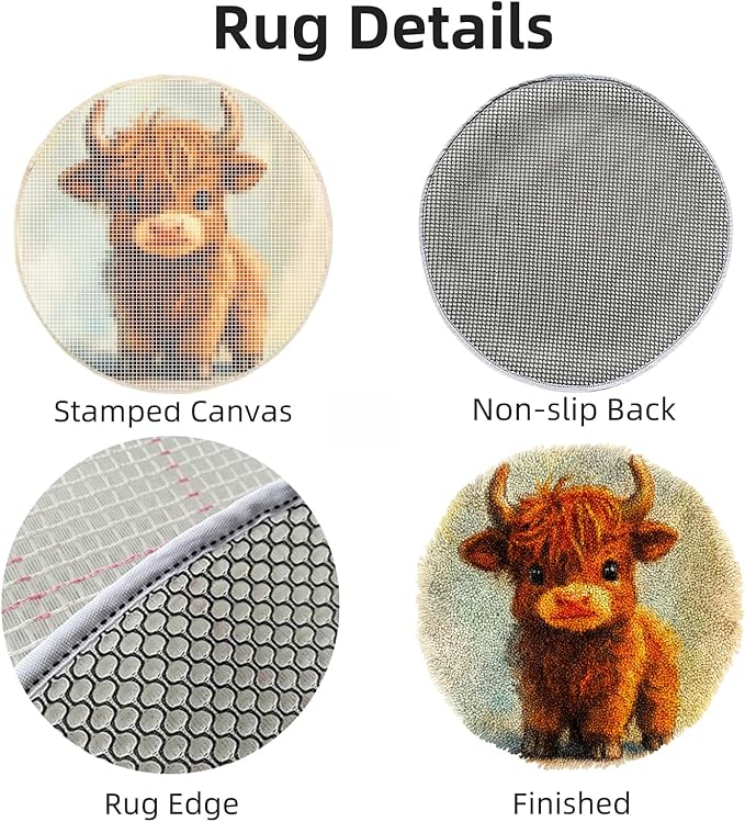 Latch Hook Rug Kit Cute Highland Cow Baby Stamped Handmade Round Shape Carpet Crochet Yarn Craft DIY Hook and Latch Door Mat Tapestry for Christmas Home Floor Decor 20x20inch(10)