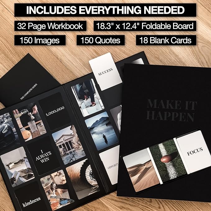 Vision Board Kit for Men - 168 Cards with Diverse Pictures & Quotes, Black Foldable Board & Complete Guide Book | Manifestation Clip Art Collage Supplies for Male Adults | No Old Magazines Needed