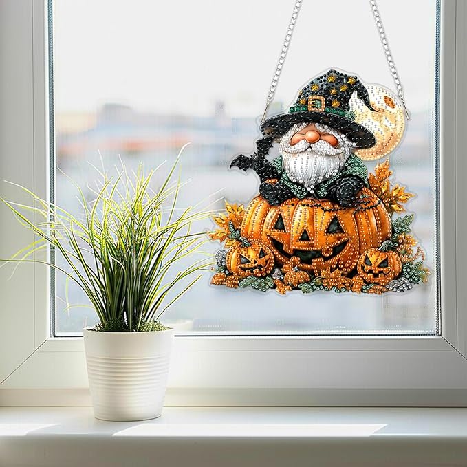 SENQAO Halloween Diamond Art Hanging Kits for Adults Beginners, DIY Acrylic 5D Special Shaped Crystal Diamond Gem Art Painting Hanging Ornament for Home Wall Decor and Gift（Gnome Pumpkin Bat）