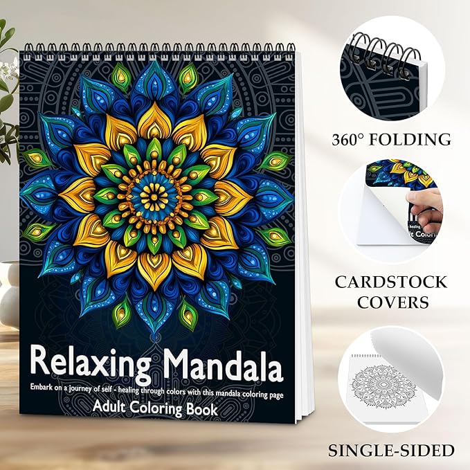 Mandala Coloring Book for Adults Relaxation, 24 Patterns Adult Coloring Books for Women Stress Relief, Inspirational Gift for Women & Men, Spiral Bound Mindfulness Coloring Book, Single-Sided Print