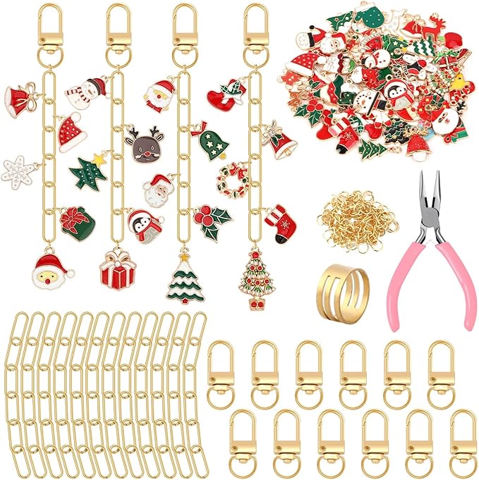 AUGSUN 189Pcs Christmas Keychain Making Kit, Charm Making Crafts Including 60 Christmas Charms 12 Keychain Clips Hooks 15 Extender Chains 100 Jump Ring and Jewelry Plier for Holiday Gifts