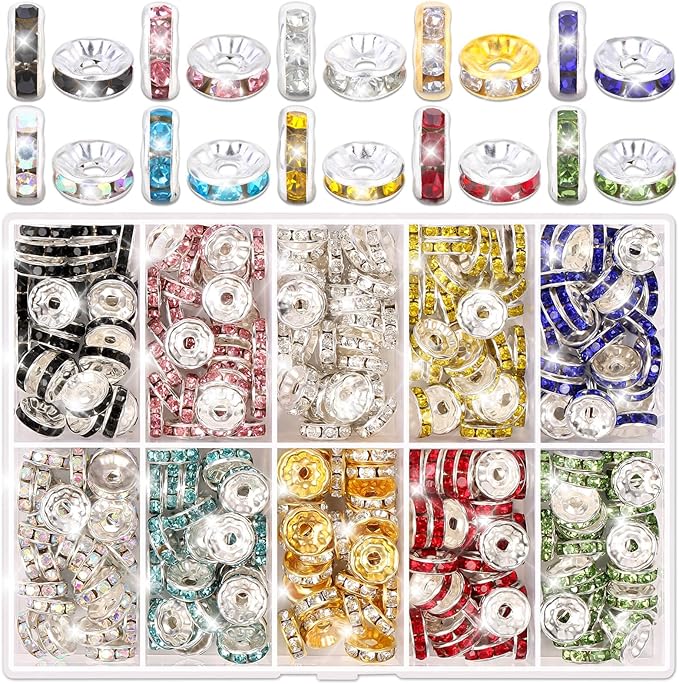 shynek 300 Pieces Rondelle Spacer Beads for Jewelry Making, 10mm Rhinestone Spacer Beads for Beaded Pens, Crystal Bead Spacers for Jewelry Making, Bracelets (10 Colors)