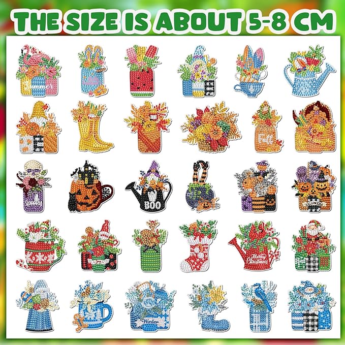 Relaxweex 30 Pcs Seasonal Diamond Painting Magnet Holiday Easter Diamond Art Magnet Kits for Adult 5D Rhinestones Mason Jar Flower Refrigerator Magnetic Sticker for Fridge DIY Crafts Gifts(Holiday)
