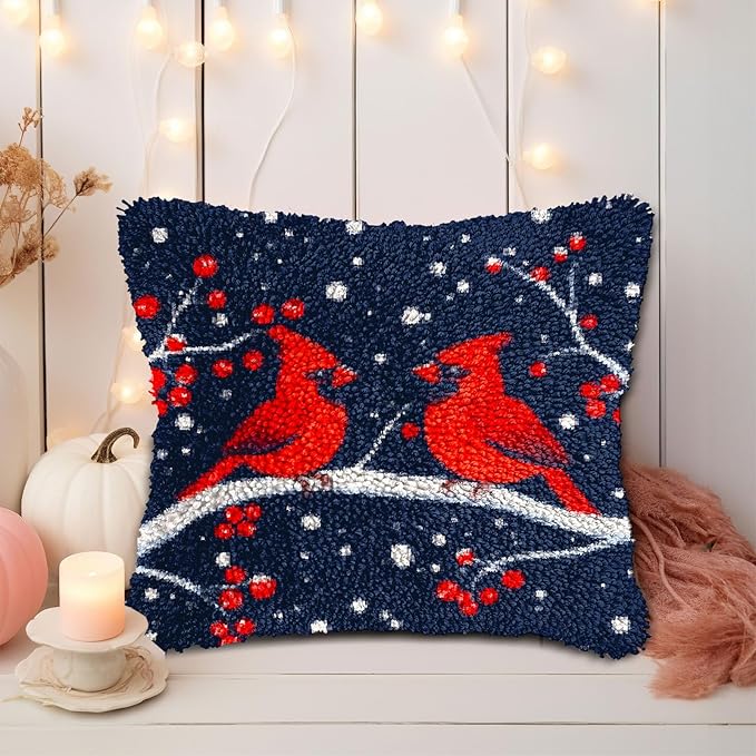 DIY Latch Hook Pillow Kits for Adults Merry Christmas Red Cardinal Birds Pillow Cover Printed Pillowcase Crochet Yarns Hooking Handmade Cushion for Home Sofa Decoration 17x17inch(25)