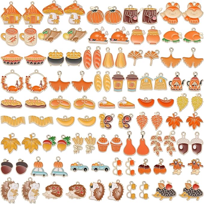 100Pcs 50 Pairs Fall Charms for Jewelry Making and Bracelets, Thanksgiving Autumn Charms Gold Enamel Jewelry Pendants for Earring Bracelet Necklace Crafts Making