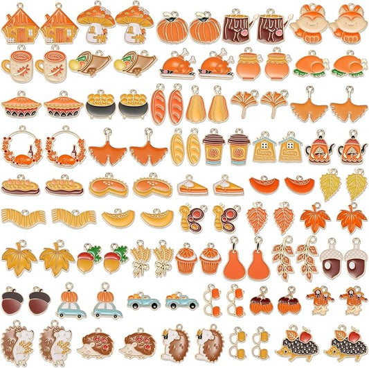 100Pcs 50 Pairs Fall Charms for Jewelry Making and Bracelets, Thanksgiving Autumn Charms Gold Enamel Jewelry Pendants for Earring Bracelet Necklace Crafts Making