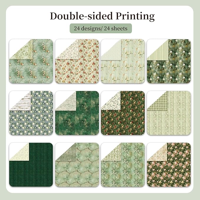 12x12 Scrapbook Paper, 24 Sheets/24 Designs Vintage Green Scrapbook Paper Set, Double-Sided Garden Pattern Floral Decorative Craft Paper For DIY Card Making Photo Album Journal Decor