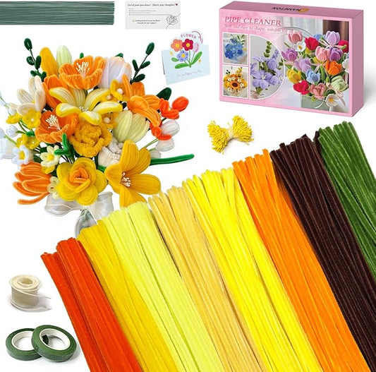 985-Pieces Sunflower Craft Kit - Golden Yellow & Orange Pipe Cleaners with Floral Supplies for DIY Sunflower, Tulip & Lily Making - Complete Flower Crafting Set