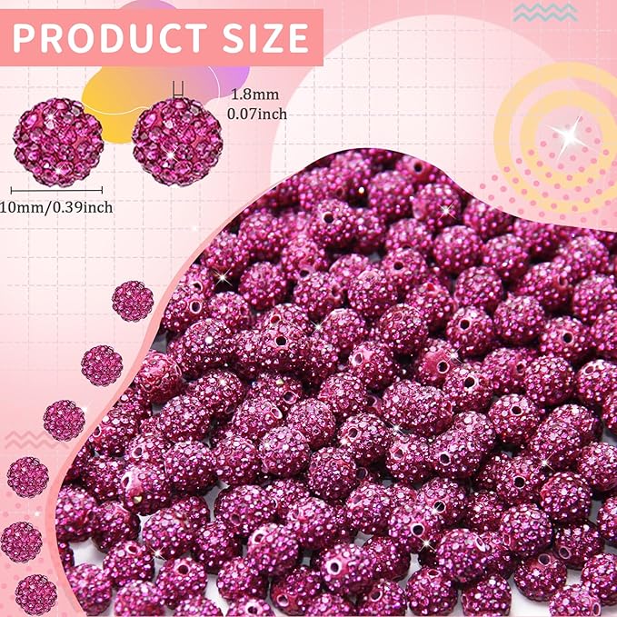 100 Pcs 10mm Rhinestone Beads for Jewelry Making, Rose Red Shiny Round Shamballa Disco Baseball Necklace Beads Sparkle Crystal Clay Pave Rhinestones Bead for DIY Bracelet Earring Craft Making Supplies