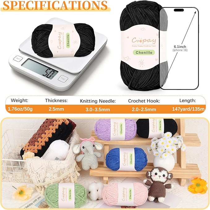 Coopay Skinny Chenille Yarn for Crocheting and Knitting, 12 Pack of 50g/1.76oz - 1764yd Total, Crochet Yarn of Light Weights - Suitable for Baby Blankets, Plush Toys, Garments - Super Soft (Black)