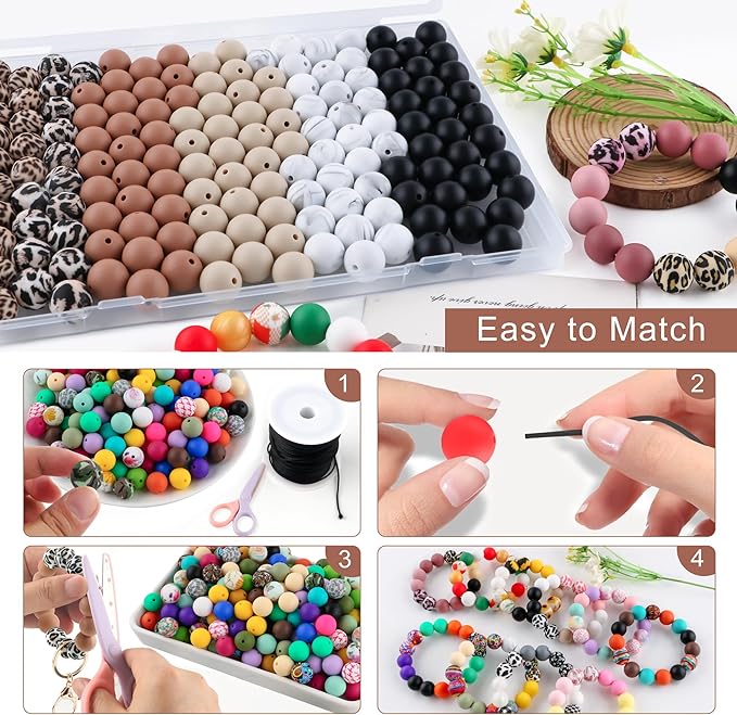 150Pcs Mixed Color 15mm Silicone Beads for Keychain Making, Black Camel Leopard Print Silicone Beads for Pens and Bracelet Jewelry Making